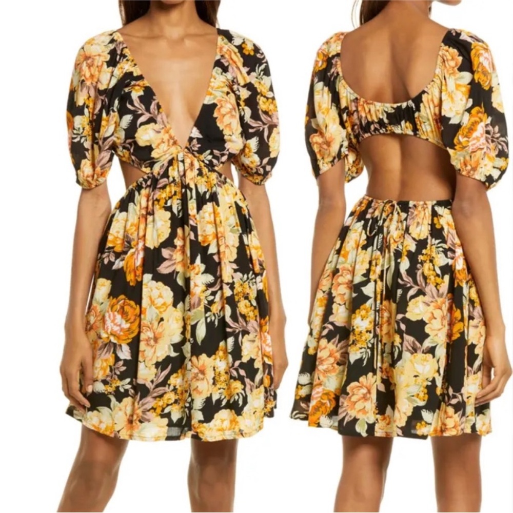 Bardot Backless Puff Sleeve Mini Dress with cut outs